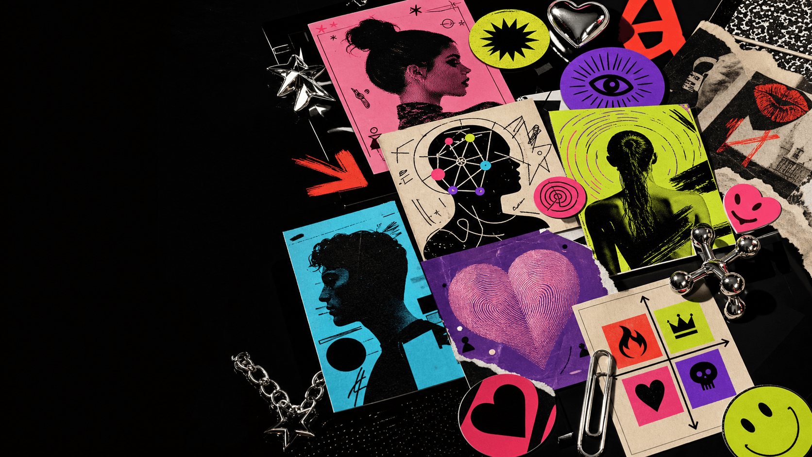 High-contrast editorial collage of quiz cards, personality maps, stickers, and abstract symbols.